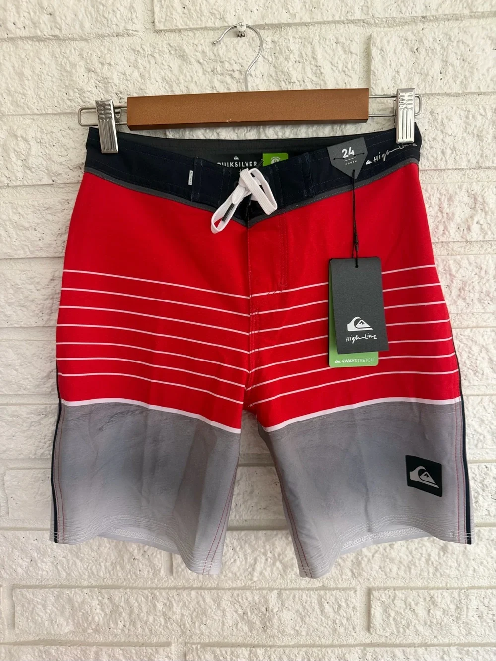 Quiksilver Red & Gray High Line Stretch  Stripe Kids Swim Trunks